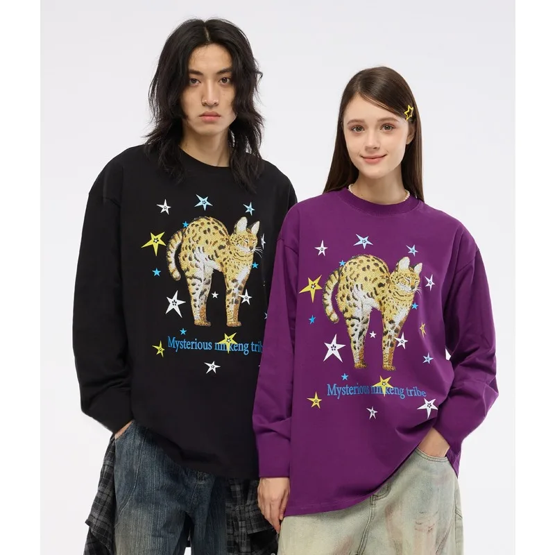 

Осенняя футболка с длинными рукавами и звездами, леопардовым котом, американская футболка с 3D принтом, новый дышащий, быстросохнущий модный топ для пар