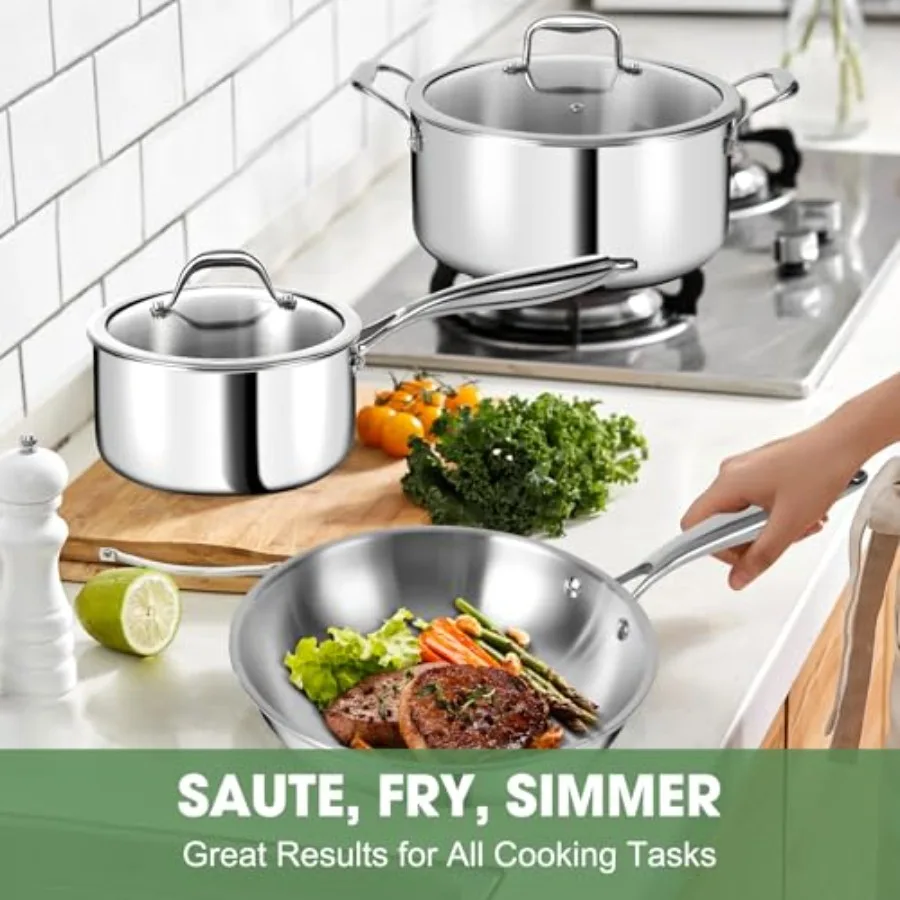 3-слойный набор посуды из нержавеющей стали, 11 предметов с крышками для домашнего использования на кухне, нетоксичный, совместимый с индукционной плитой, духовкой и