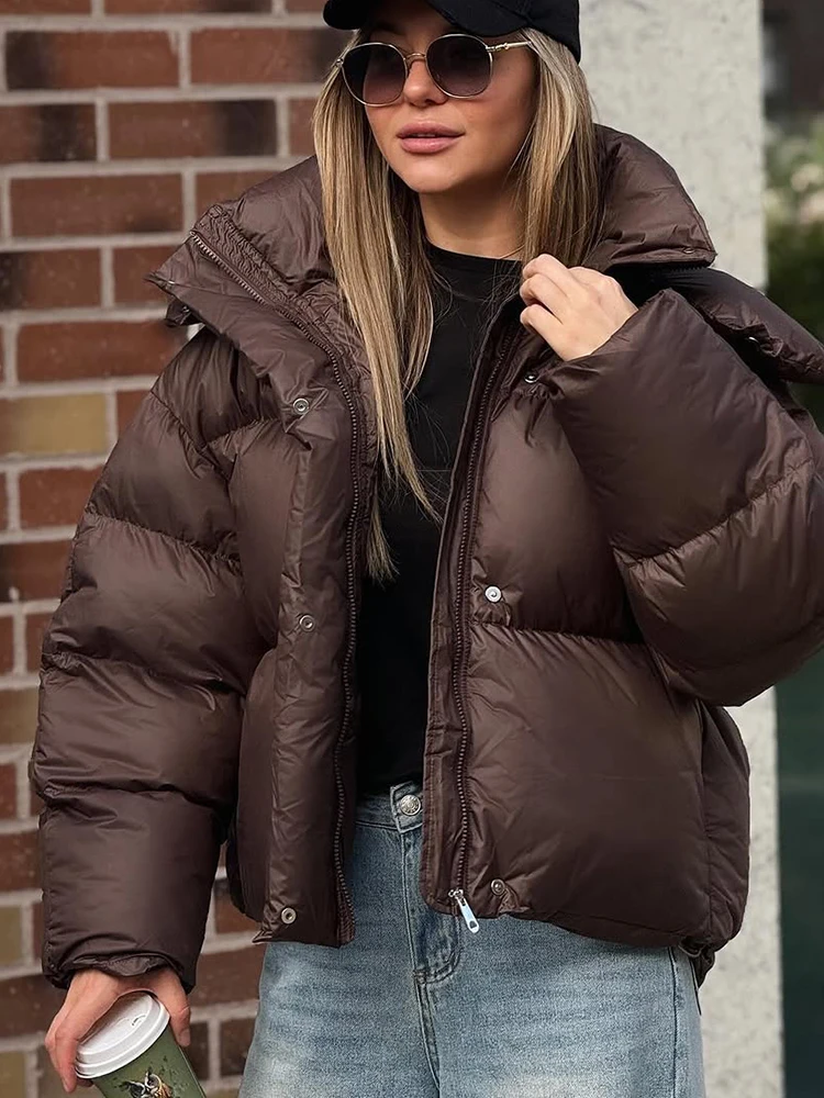 Brown Hooded Short Cotton Coat Women Casual Stand Collar Long Sleeve Zipper Single Breasted Loose Coats Lady Winter Street Wear