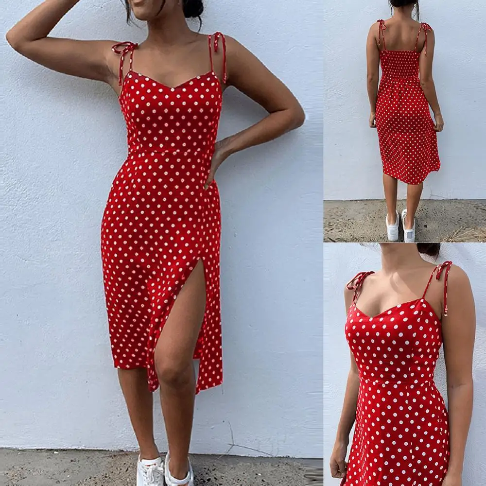 

Women Sexy Spaghetti Strap Lace Up Polka Dot Split Hem Backless Summer Streetwear Dress