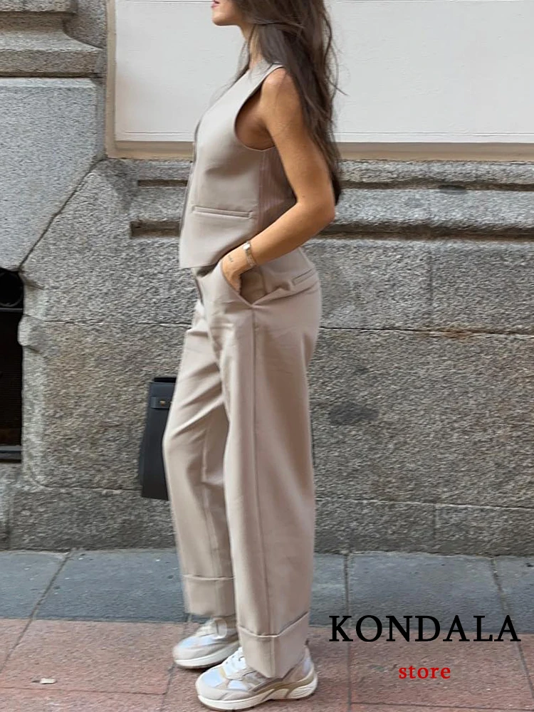 KONDALA Vintage Office Lady Women Suit V-Neck Single Breasted Vest Blazer+Solid Straight Loose Pants Fashion 2023 Autumn Sets