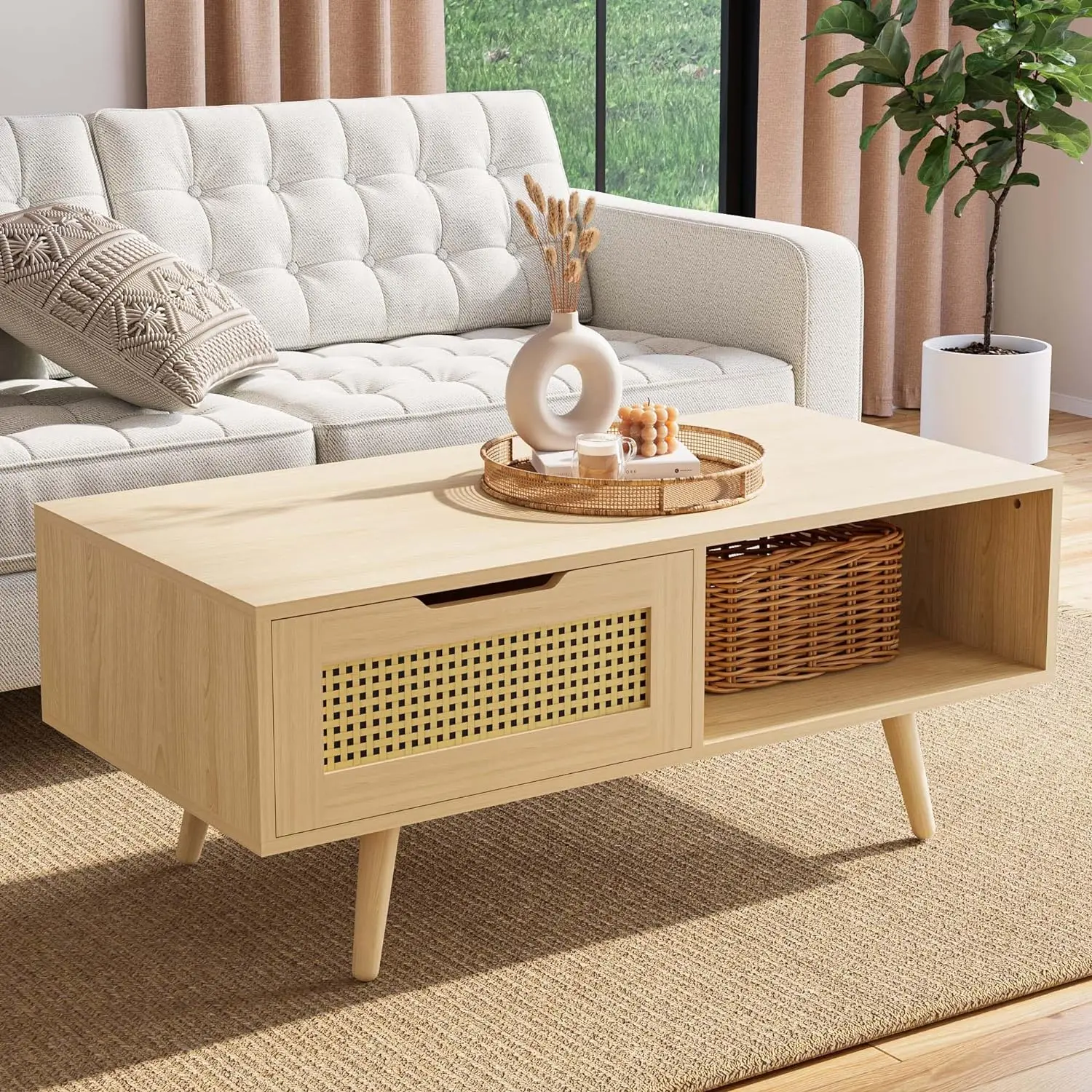 

Boho Coffee Table with Storage, 39'' Rattan Living Room Tables with Solid Legs, Mid Century Modern Coffee Table for Living Room