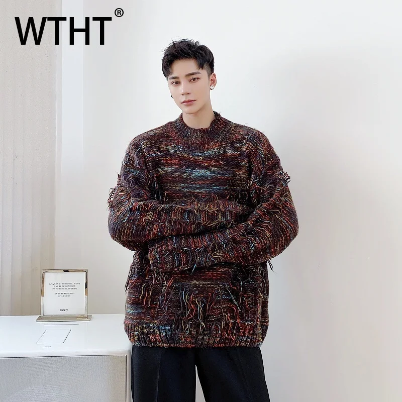 

WTHT Fashion 2025 Autumn Men's Knit Loose American Style T-shirts Trendy Long Sleeves Casual Round Tops Male 2A1928