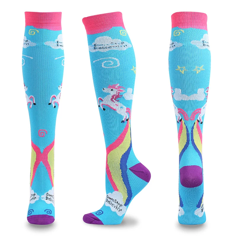 Funny Compression Socks Men Women Running Travel Stockings Cartoon Pattern Rainbow Horse Compression Socks