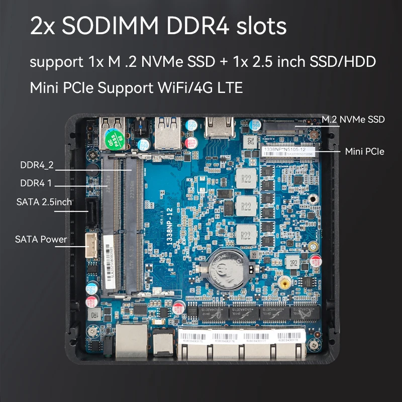 Fanless Industrial Mini PC Intel Celeron N5105 N5100 4x 2.5G Ethernet 1x COM RS232 SIM Slot mPCIE Windows Linux Pfsense OpenWrt