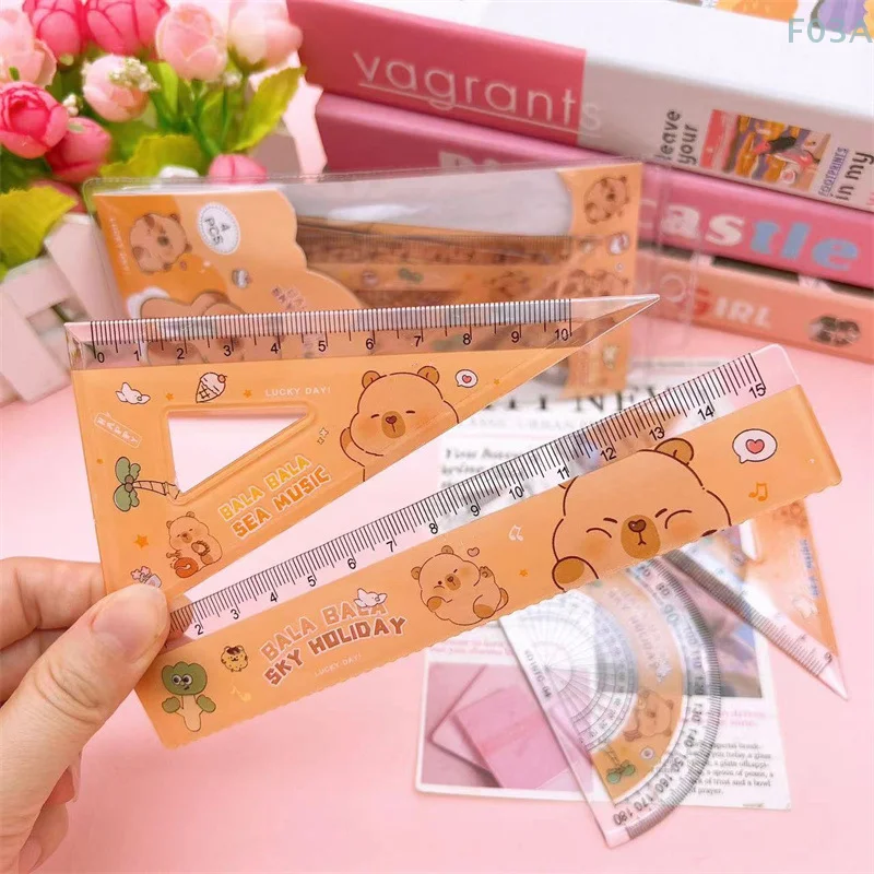 4pcs/set Creative Acrylic Capybara Set Of Rulers Drawing Tools Cute Cartoon Soft Ruler Set Office Supplies Set Square