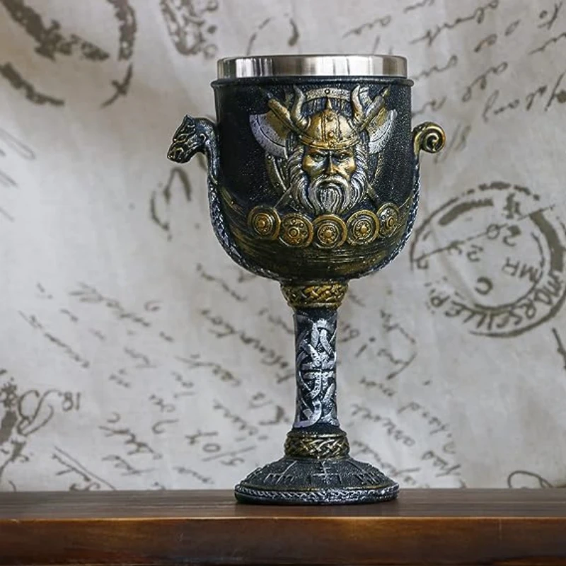 Medieval Viking Odin Wine Goblet - Norse Viking Warrior Dragon Ship Metal Goblet Chalice Viking Pirate Fans gifts Themed Party D