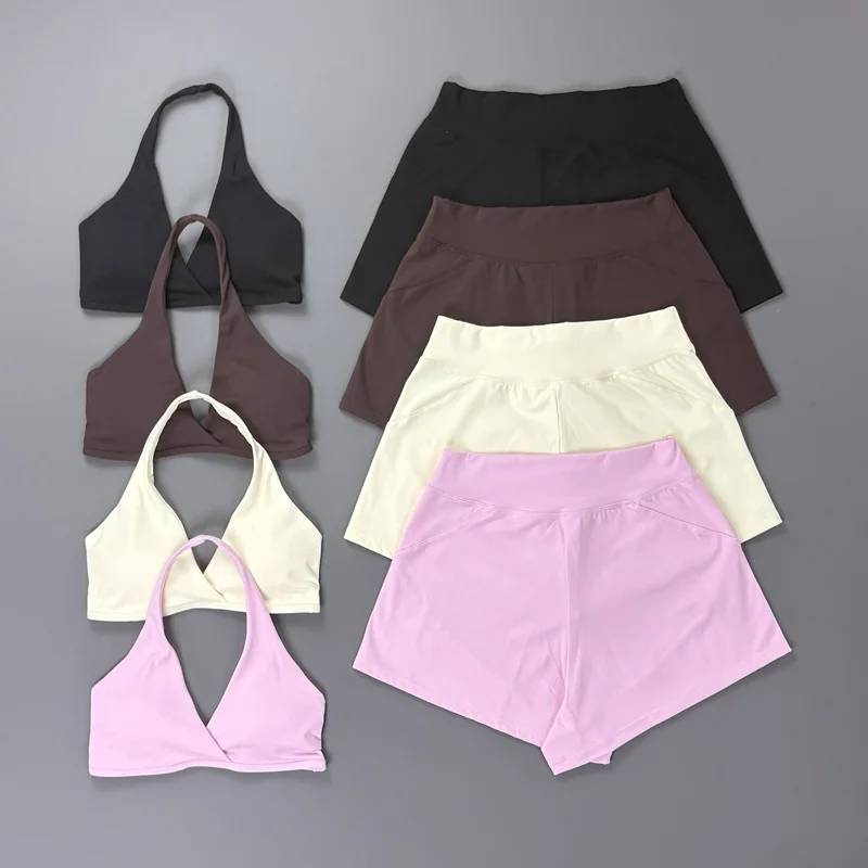 2 Piece Women Gym Set Sports Halter Bra Training Shorts Suit Open Back Scrunch Butt Yoga Workout Clothing Running Fitness Sets
