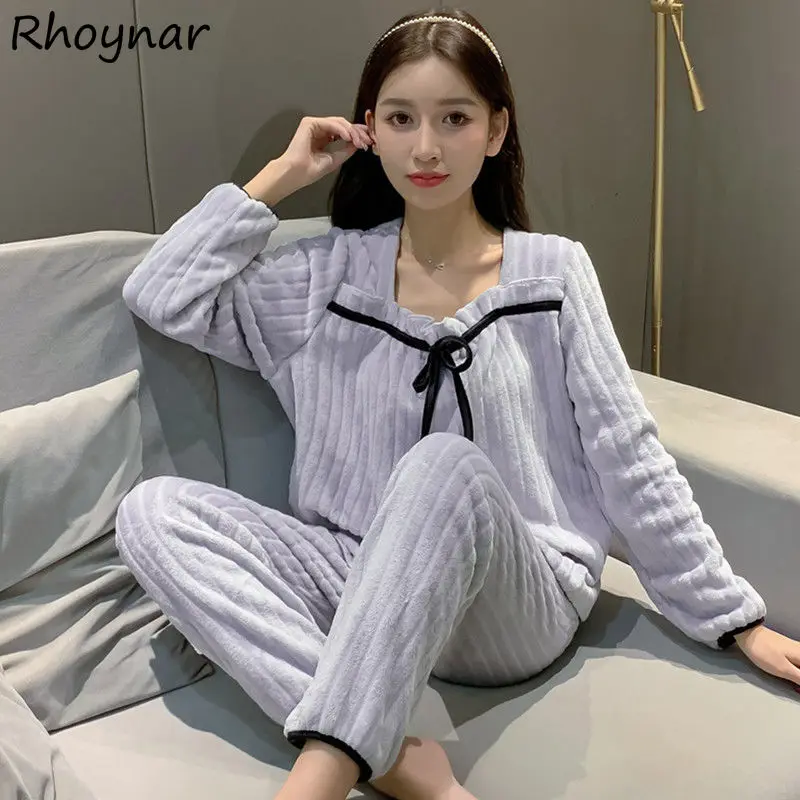 

Pajama Sets Women Patchwork Square Collar Flannel Winter Warm Ulzzang Long Sleeve Students Sweet Loose Sleepwear Lace-up Cozy