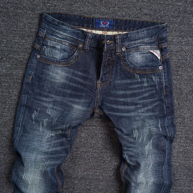 กางเกงยีนส์ผู้ชายสไตล์ Y2K ดีไซน์เนอร์ แฟชั่นย้อนยุค สีน้ำเงิน ยืดได้ ทรงสลิมฟิต ขาดๆ เซอร์ๆ คุณภาพสูง สไตล์อิตาเลียน วินเทจ