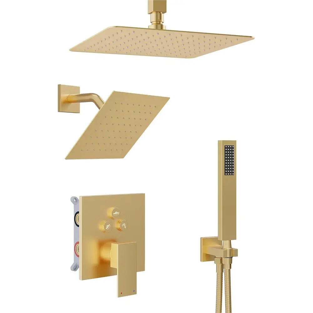 3-in-1 Brushed Gold Shower System with 10 Ceiling and 8 Wall-Mount Showerheads