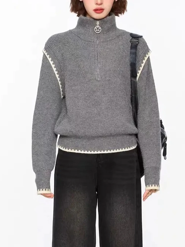 

Y2K American Retro Gray Sweaters Women Streetwear Loose Harajuku Long Sleeve Knitted Pullover Turtleneck Vintage Jumper New