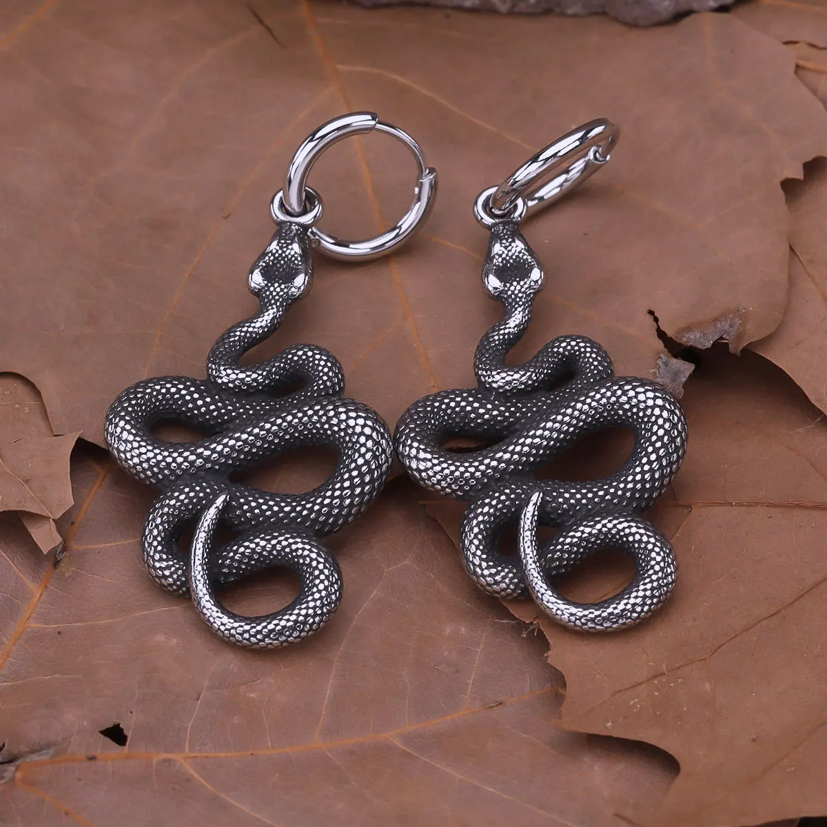 Gothic Plating Black Animal Snake Drop Earrings Unique Design Textured Scales Stainless Steel Ears Jewelry Unisex Punk Earring