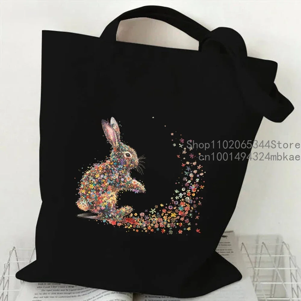 Canvas Tote Bag  Women Floral Watercolor Bunny Shopping Bag Cartoon Rabbit Graphic Student Casual Handbag Side Bag for Ladies