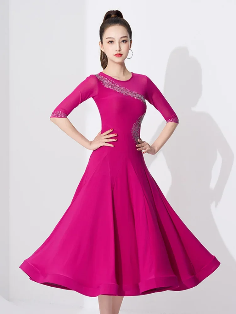 Vestido de Baile Latino Sexy y Brillante con Pedrería, Mangas Midi Ajustadas, Elegante Traje de Competición para Mujer, Vestido de Fiesta Bachata