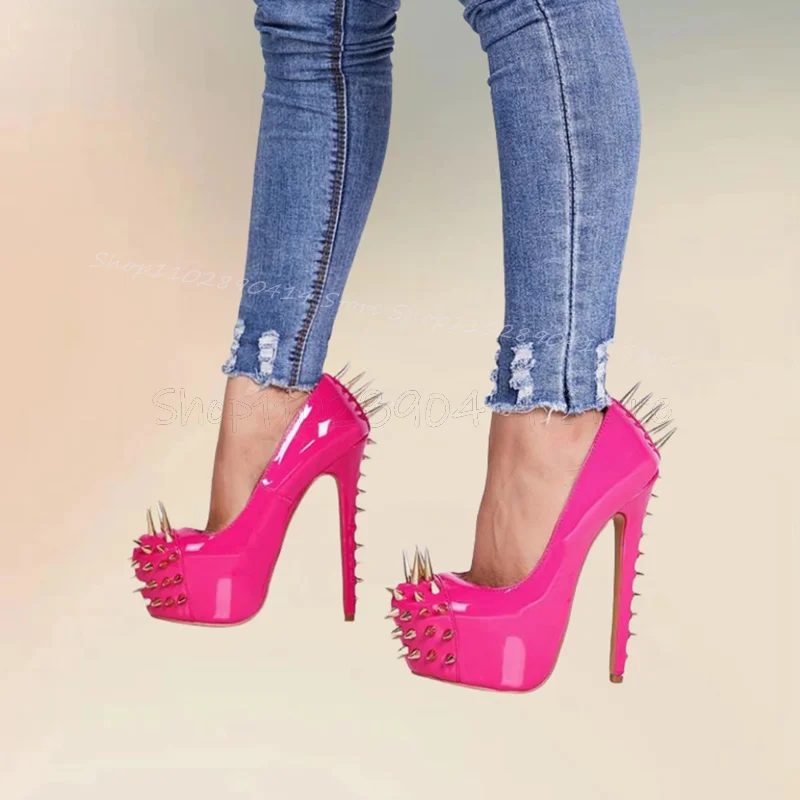

Rose Red Spikes Decor Patent leather Platform Pumps Slip On Women Shoes Thin High Heels Round Toe Party 2025 Zapatos Para Mujere