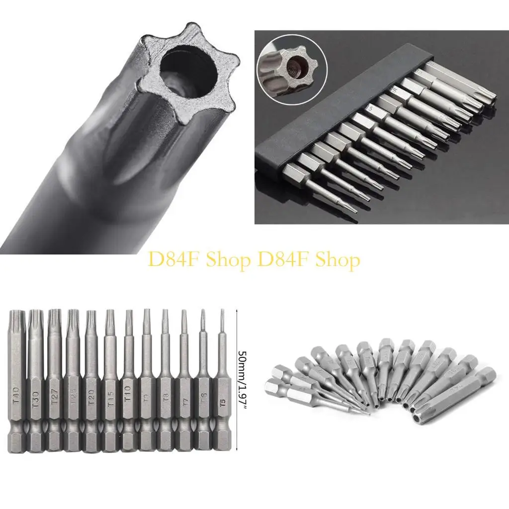 D84F Screwdriver Bit 50mm 1/4 Inch T5-T40 Torx Head Non-slip Electric Batch Bit Electric Strong Drill Bit 12x