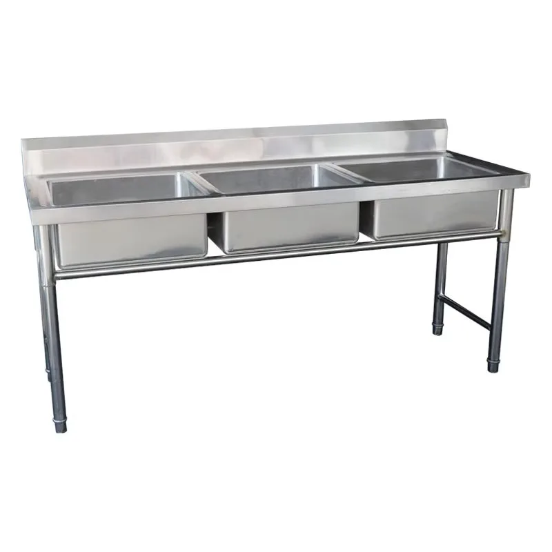 Stainless Steel 304 Three-Basin Sink with Round Legs Polished Finish, 1.0/1.2/1.5mm Thickness, for Kitchen & Food Processing