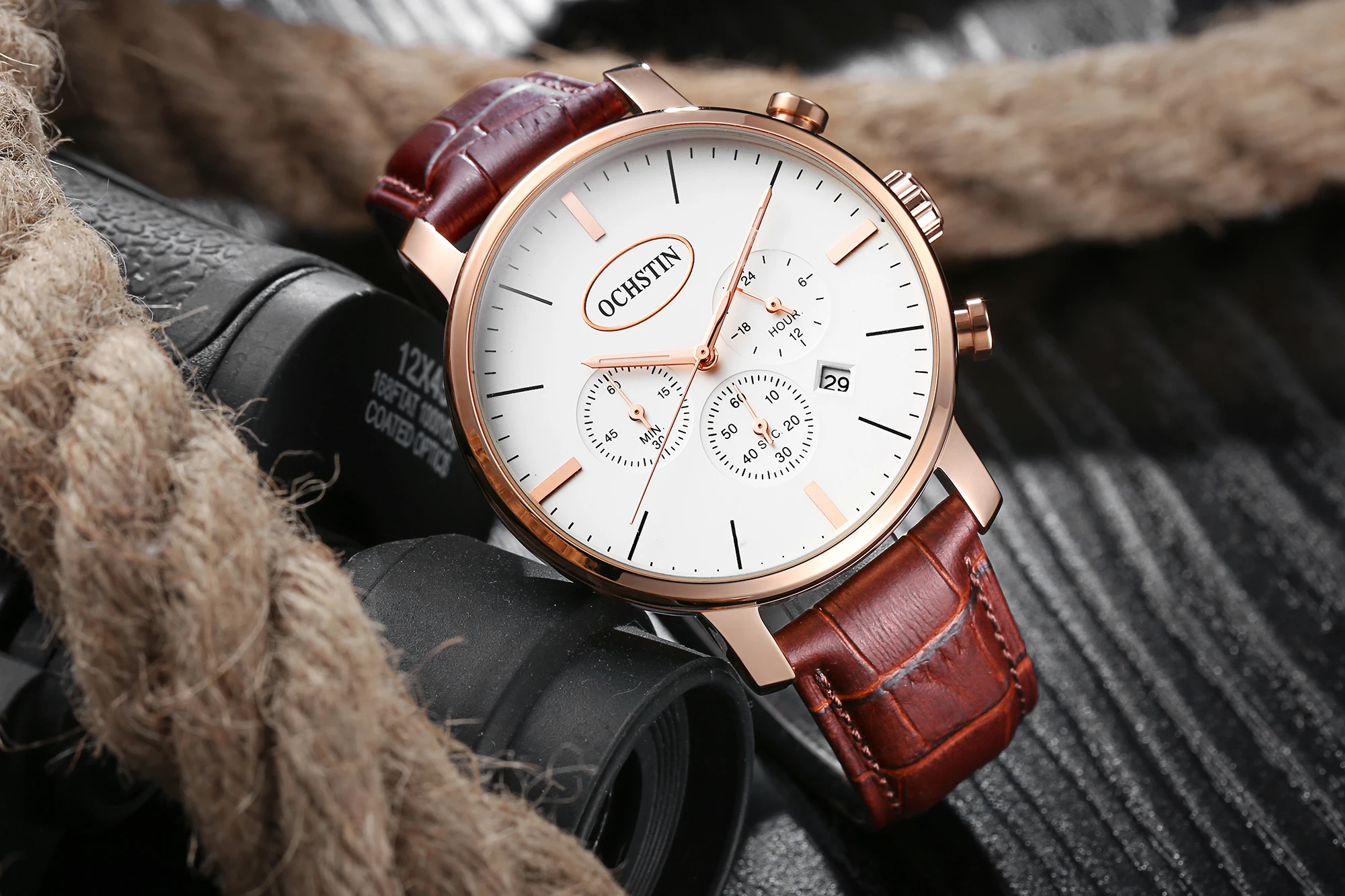 

OCHSTIN Leather Strap Clock Man Quartz Movement Watches Male Second-Hand Chronograph Waterproof Watch Men's Classic Watch