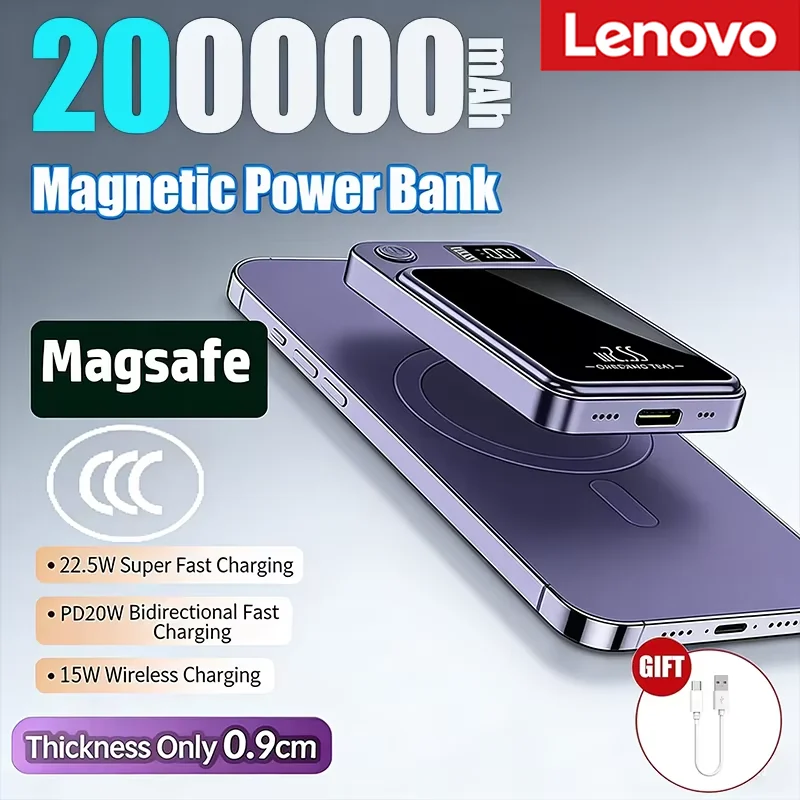 

Портативное беспроводное зарядное устройство Lenovo 2026 200000 мАч с магнитной зарядкой, быстрое зарядное устройство для Magsafe, дополнительный аккумулятор для iPhone, Huawei, Samsung