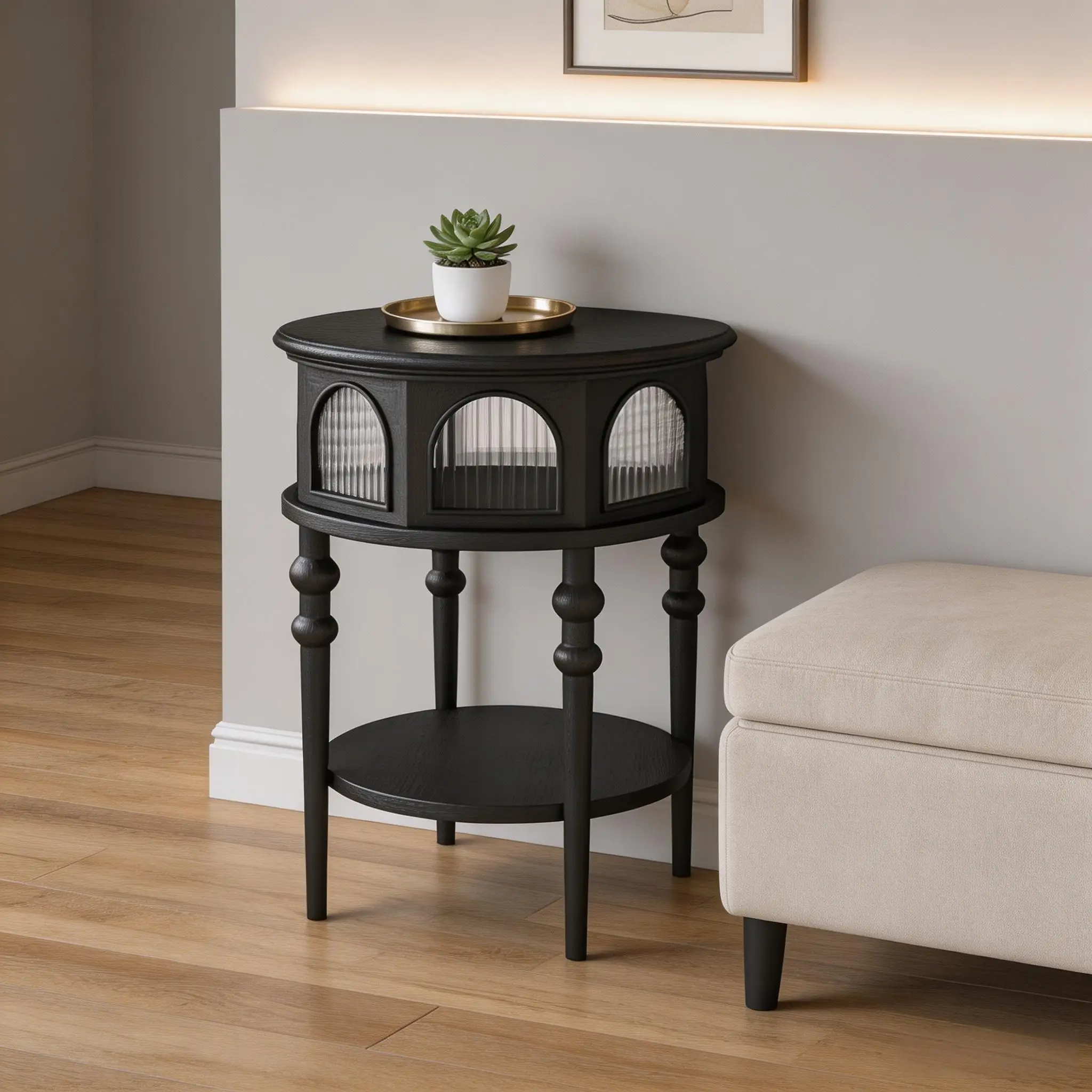 Black Round Side Table With Arched Reeded Glass Door, Vintage Wooden End Table With Storage Shelf For Living Room Bedroom