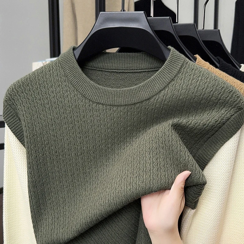 

High end fashion round neck sweater men's autumn winter new trend personalized splicing design Korean casual knitted pullover
