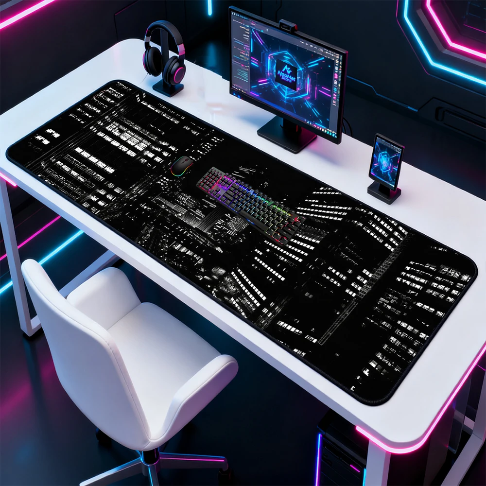 Monochrome Desk Mat Large White 1600x600 Cityscape Gaming 1400x600 Mousepad Nonslip Giant 5mm Black Playmat Mouse Mat