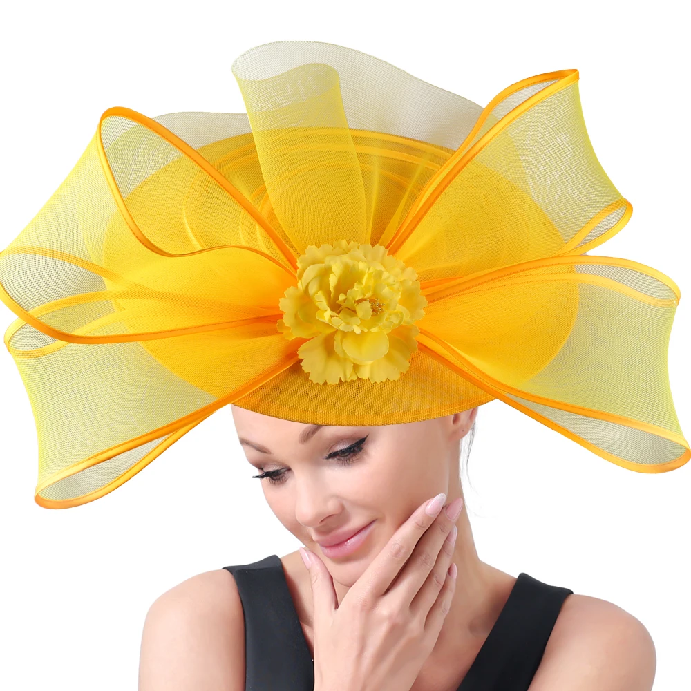 

Women Vintage Yellow Occasion Church Event Headpiece Elegant Rose Flower Fascinator Party Dinner Hats With Mesh Headwear Hats