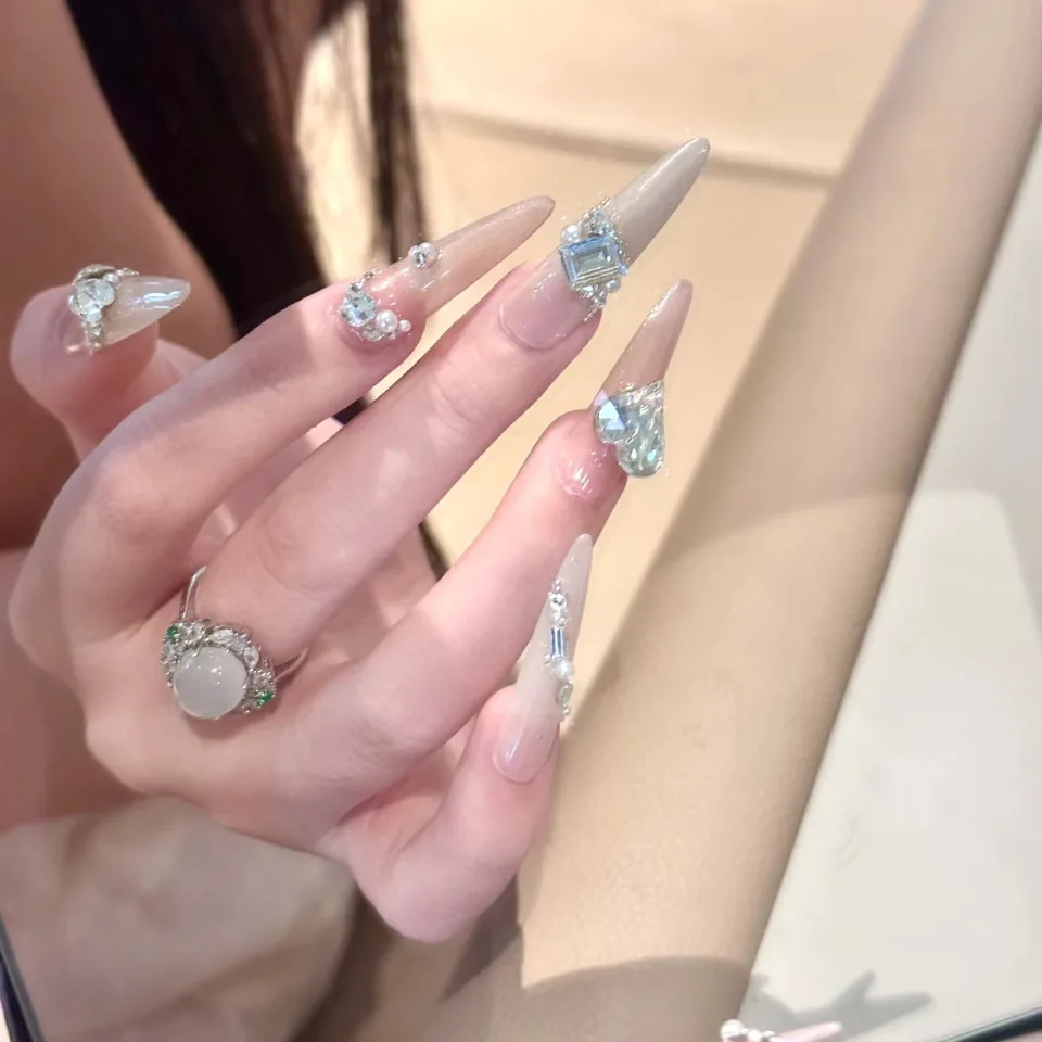 Ensemble de faux ongles Stiletto longs, 24 pièces, poudre brillante, strass avec Design, couverture complète détachable, pointes pour faux ongles