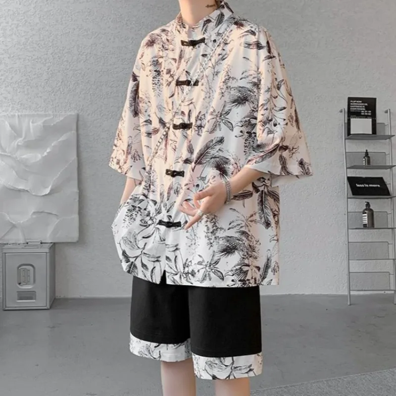 

Neo Chinese Style Men's Ice Silk Buttonhole Shirt Shorts Set Modern Hanfu Inspired Streetwear Lightweight Summer Outfit for Men