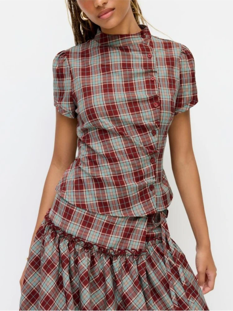 Retro Tartan Plaid Slim Blouse Women Stand Collar Puff Short Sleeve Diagonal Buttons Back Tie Vintage Casual Summer Shirt
