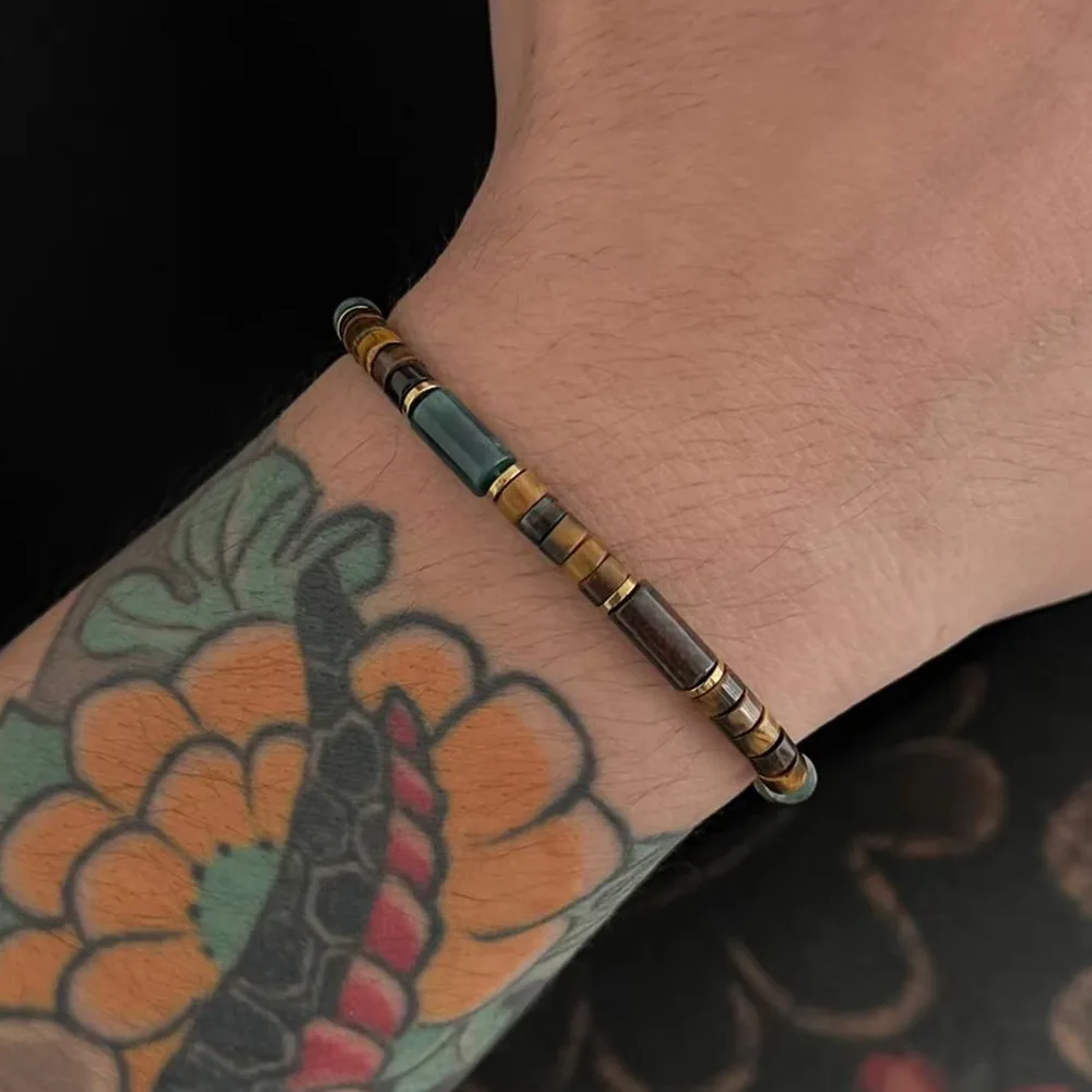 Ingemark Vintage Natural Stone Tube Beads Bracelet for Men Ethnic Style Bangle Wristband 2027 New Male Jewelry Accessories