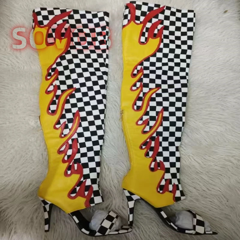 

Длинные сапоги на шпильке Fire Flame, женские разноцветные сапоги выше колена, сексуальные ботинки с открытым носком, новинка, ботинки на молнии сзади, размер 35-45