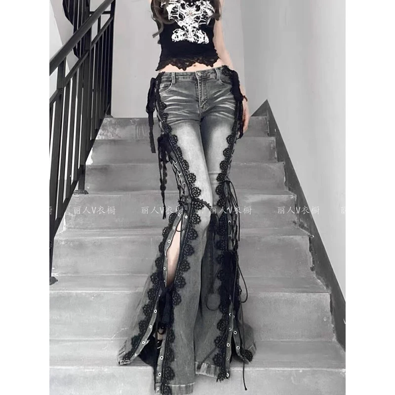 YIBASHU جينز نسائي داكن أكاديميا عفريت كور هاراجوكو Y2K جينز منخفض الارتفاع من الدانتيل أبي دينم سروال مضيئة جرس سفلي Y2k Goth Gyaru Kpop