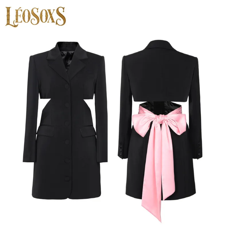 LEOSOXSTemperament Sukienki wyszczuplające talię z odkrytymi plecami, kontrastowe kolory, damska marynarka z kokardą, długa sukienka do połowy łydki, modny czarny trencz 2025