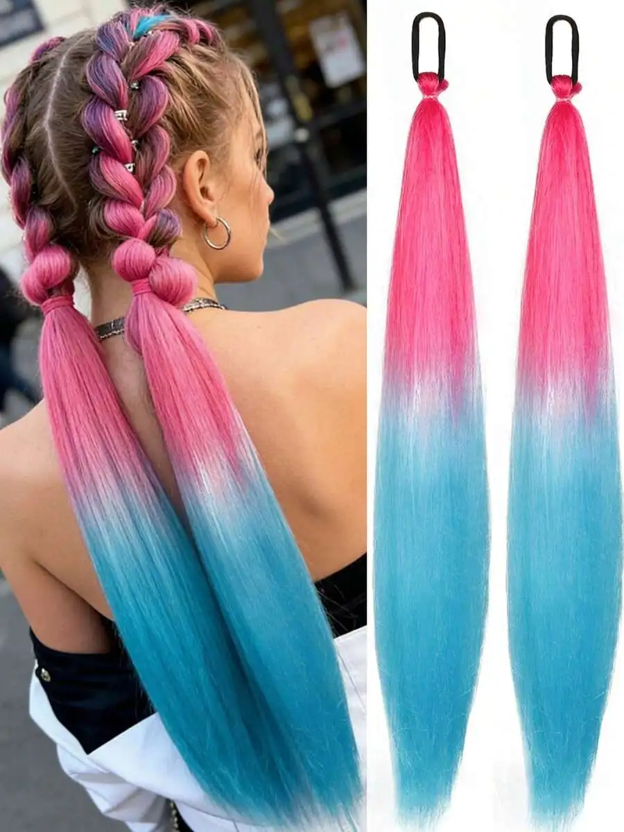 

1-2pcs 26 Inch Black DIY Braiding Hair Extensions | Women Synthetic Yaki Straight Heat Resistant Fluffy Ponytail | Suitable