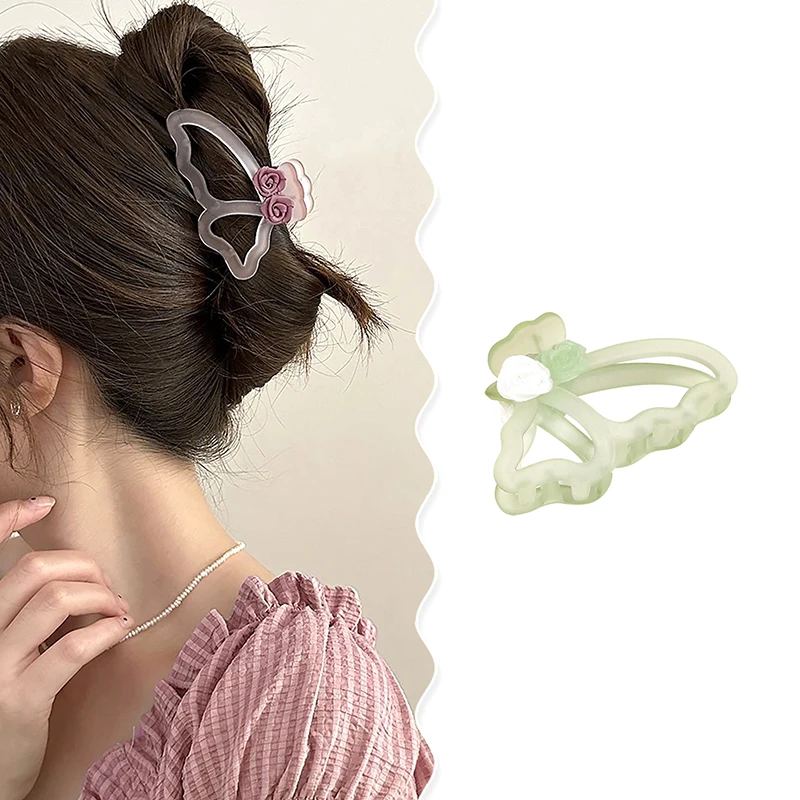 Fashion Frosted Butterfly Rose Flower Hair Claw Clip Colorful Headwear Sweet Elegant Hair Accessories Delicate Hairpin