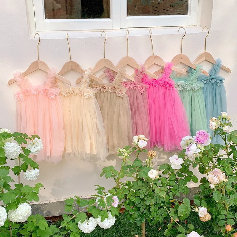 Summer Mesh Tulle Princess Dress Girls 3D Flower Mermaid Birthday Dress 6 Colors Kids Sleeveless Clothes