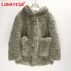 2024 New Hooded Bazaar Fur Coat Women Real Lamb Fur Clothing 100% Genuine leather