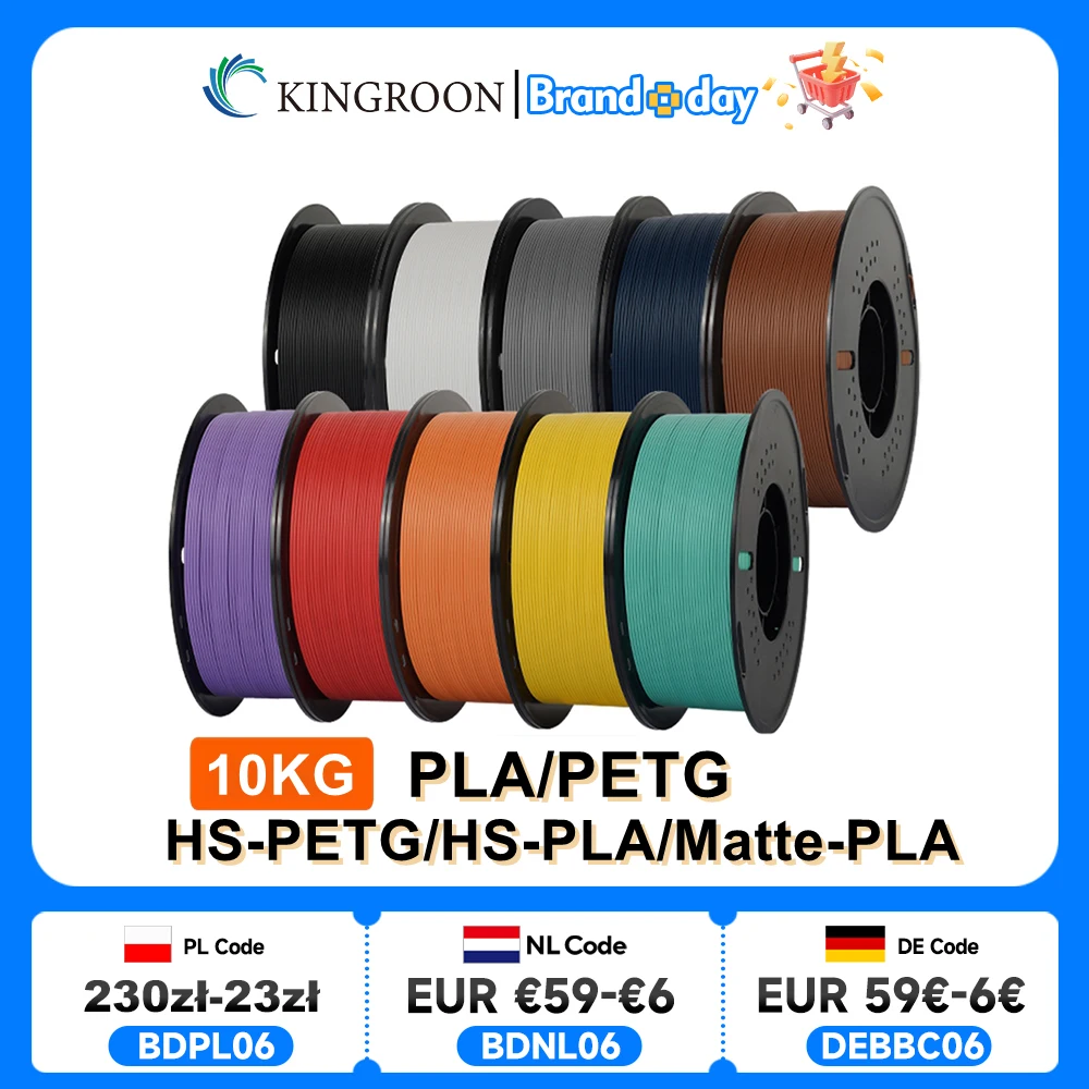 KINGROON 10KG(22LBS) PLA PETG HS-PLA HS-PETG Filament 1.75mm High Speed 3D Printer Material Matte PLA 1kg*10 Roll Mix Color