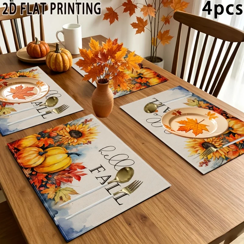 Hello Fall Maple Leaf Placemats, Autumn Element Printed Linen Table Mats, Seasonal Table Home Decor
