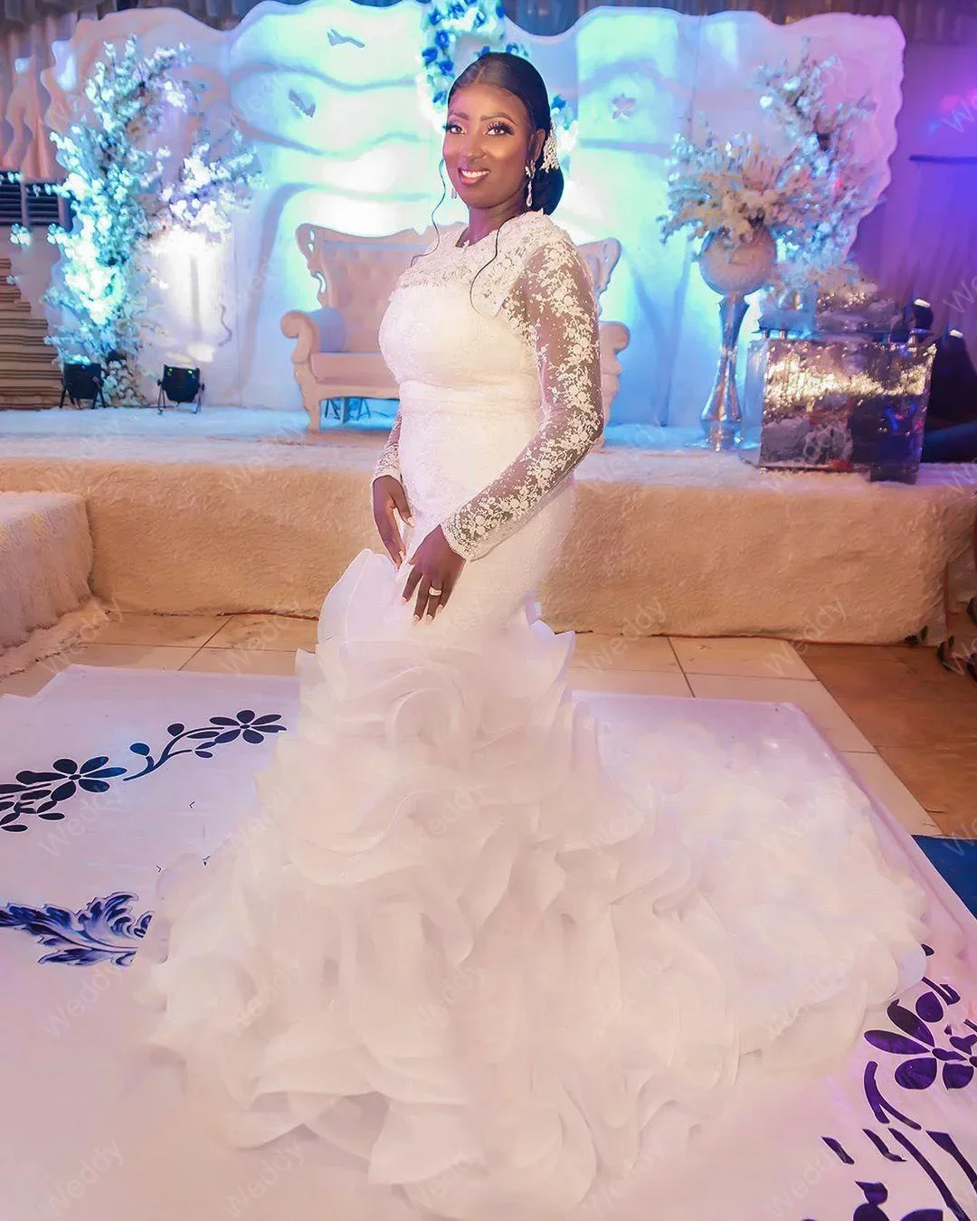 Vestido de novia de encaje de sirena de manga larga africano personalizado 2023 tren de cepillo Orangza volantes de talla grande vestido de novia negro para niñas