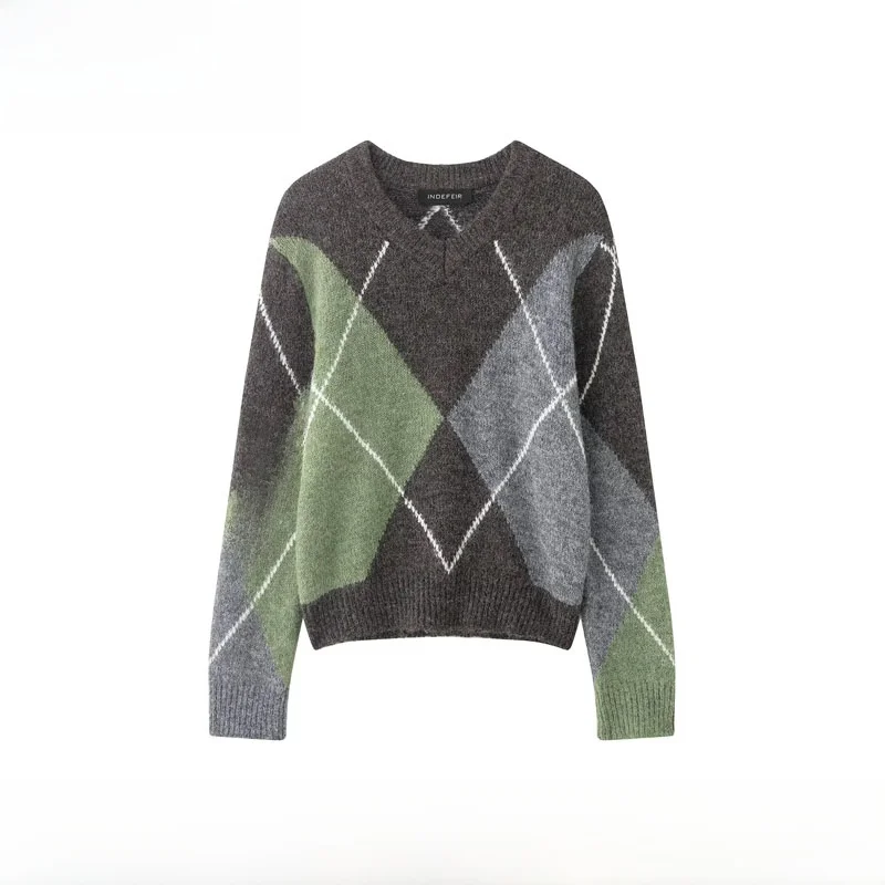 

Faionable Long Sve V-Ne Diamond Pattern Knitted Sweater ZR Sle Autumn Winter New Arrival Women's Polyester Fiber Warmth