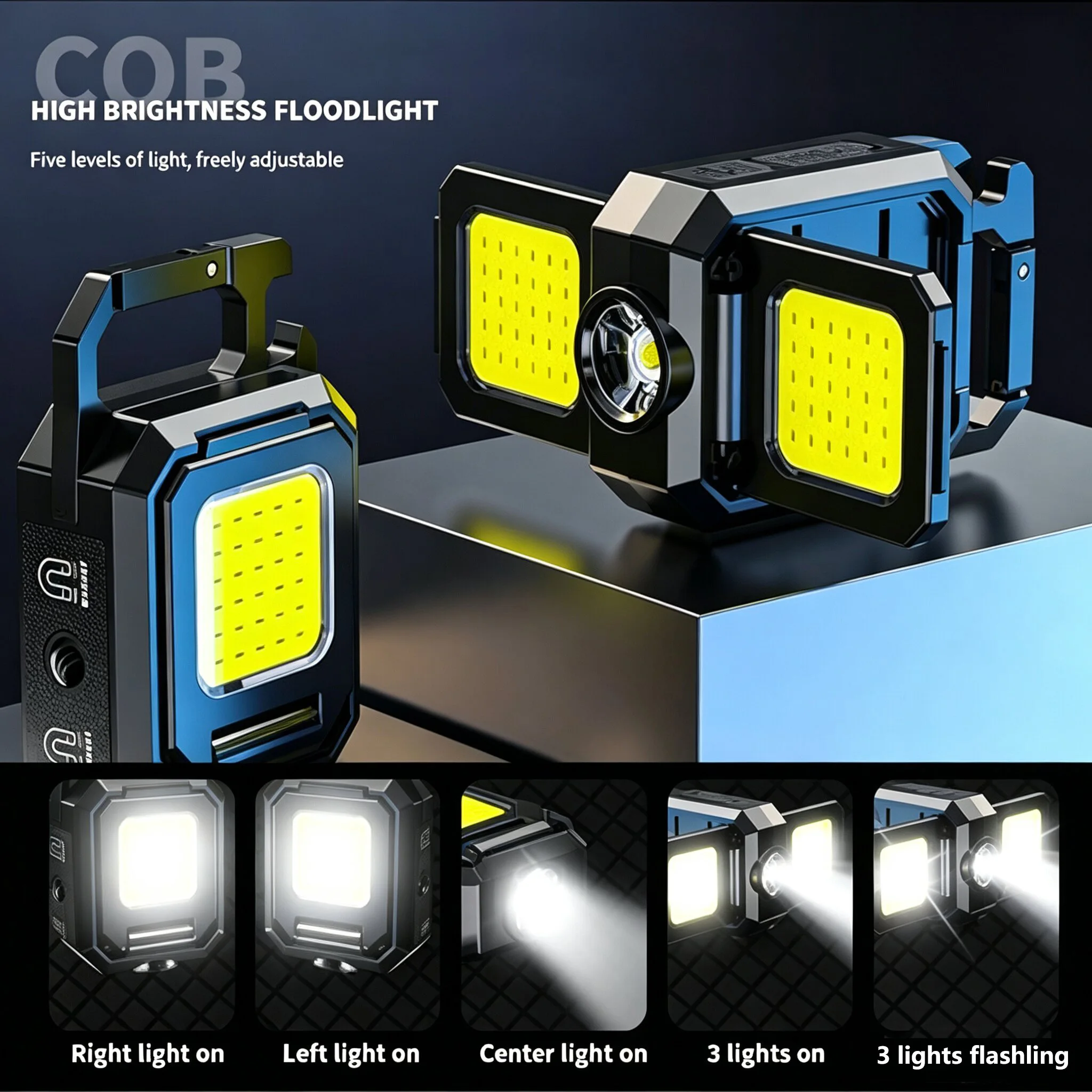 Mini LED Flashlight Keychain Light Double COB Lights USB Rechargeable Foldable Portable Light For