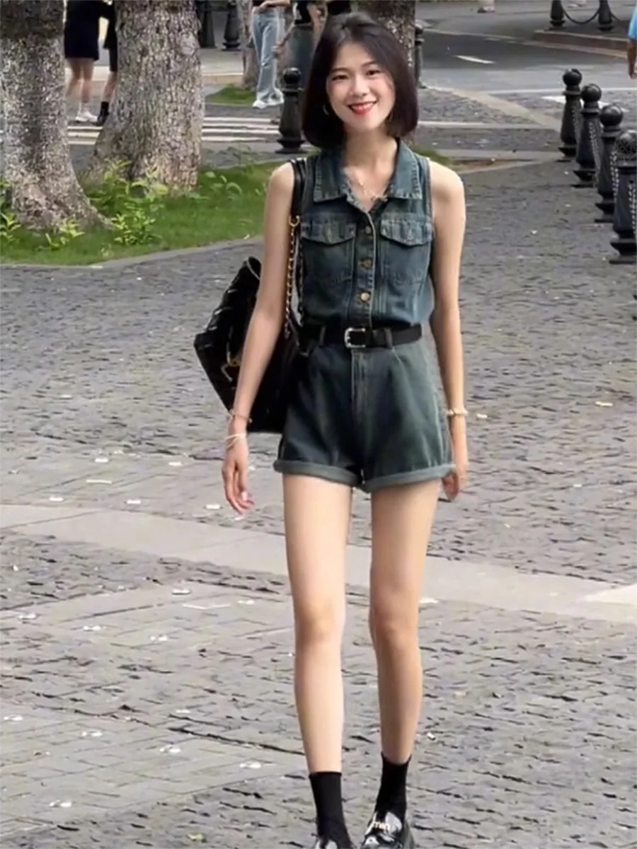 

Женский летний джинсовый комбинезон в стиле ретро из Гонконга, с высокой талией, облегающий, без рукавов, с вырезом на шее, новая модная модель