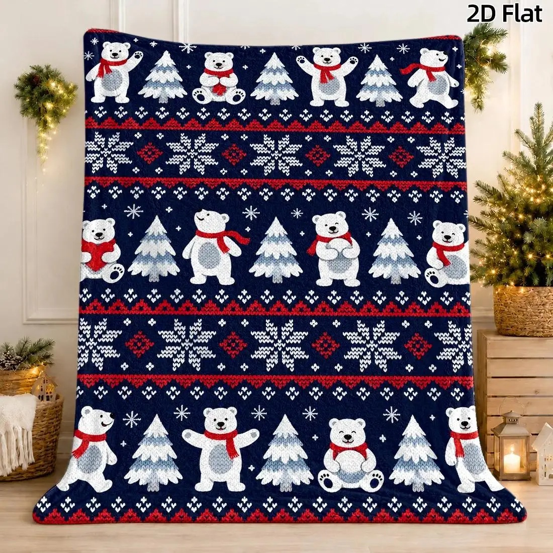 1pc 2D Flat DIY Coloring Throw Blanket, Polar Bear & Christmas Tree Line Art, Watercolor Dancing Bear with Red Snowflakes Decor