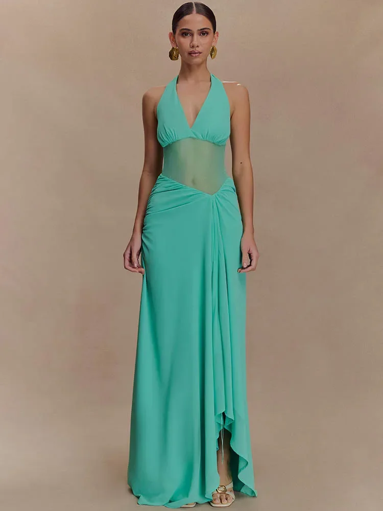 XIAOTANG Halter V Neck Backless Sexy Maxi Dress Women Gown Fashion Elegant Mesh See Through Sleeveless Bodycon Club Long Dress