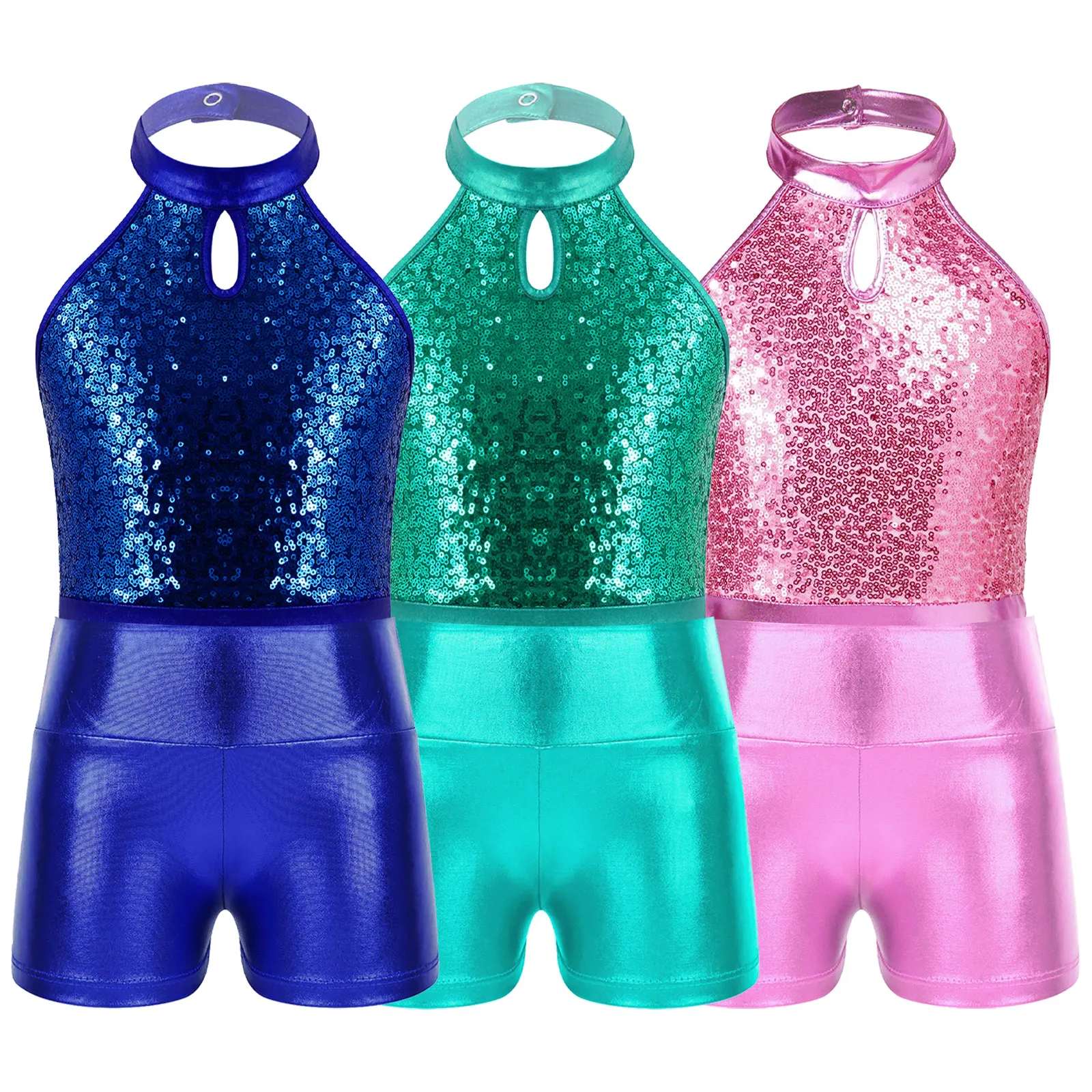 Fashion Children Ballet Dance Leotards Sleeveless Halter Kids Sequin Gymnastics Bodysuit for Girls Performance Skating Jumpsuit