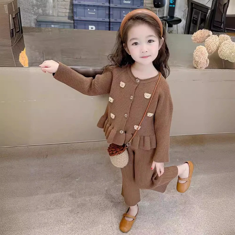 

Two Piece Set Sweater Coat Pants Girls Bear Long Sleeve Leisure Korean Autumn Tide Sweet Cute Active