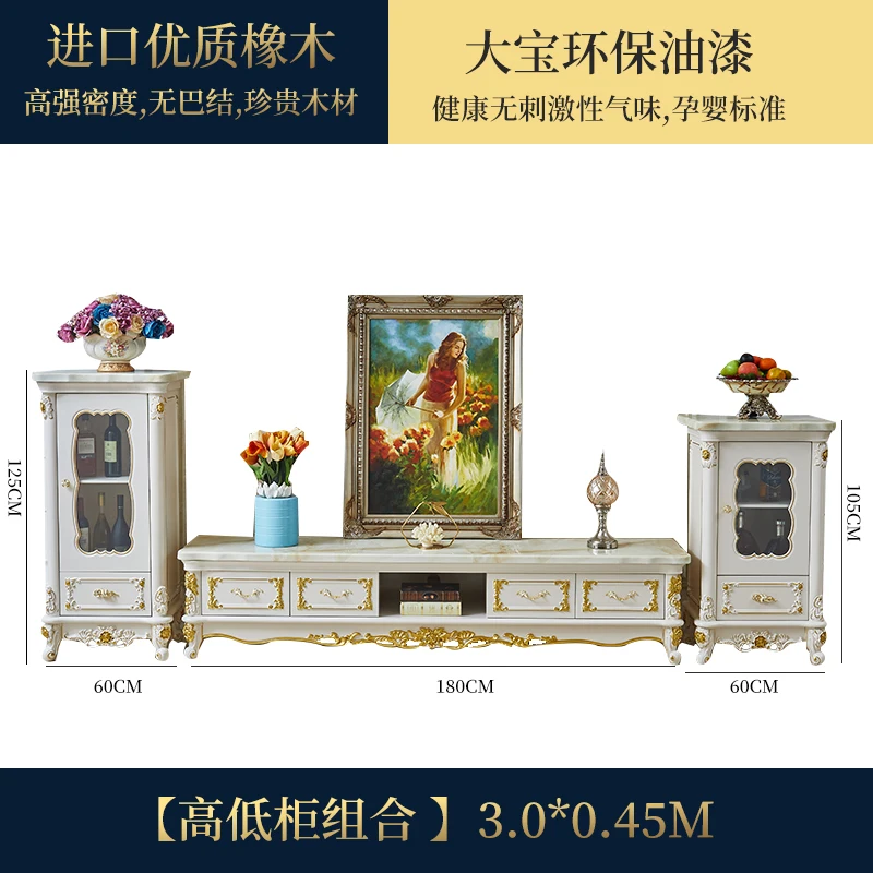 European style marble TV cabinet combination of high and low cabinets. Luxury furniture in the villa living room.